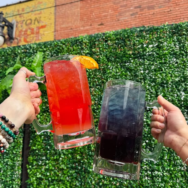Two hands clinking large mugs of red and dark blue drinks against a green hedge and brick wall.