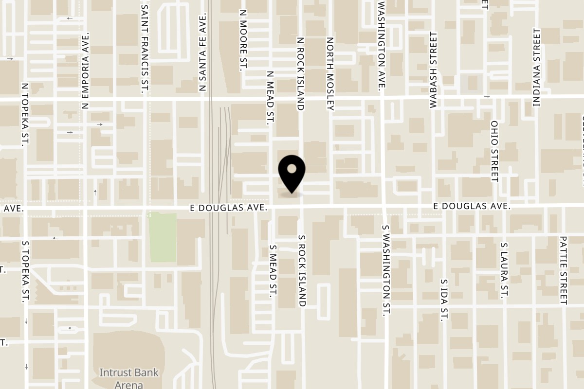 Map showing the location of Emerson Biggins on 808 E Douglas Ave in Wichita